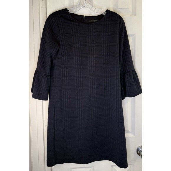 Banana Republic XS Navy Plaid Textured Shift Dress Bell Sleeves Soft Knit Fabric - Picture 1 of 7
